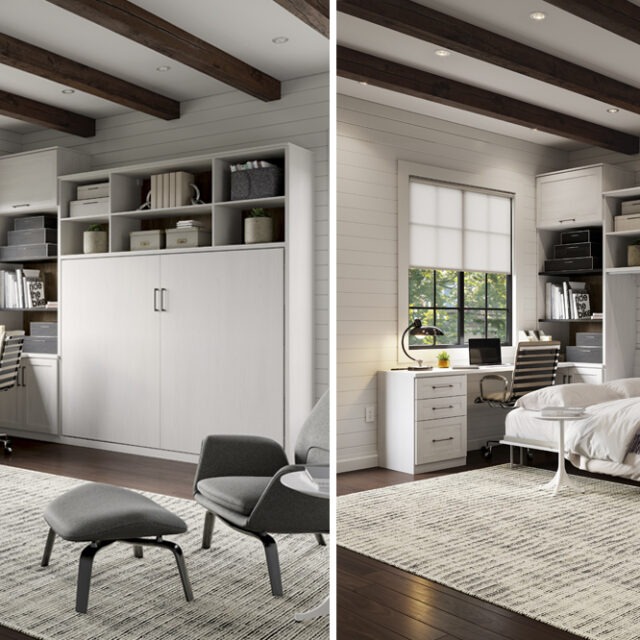 Cama de pared abatible montada en un sistema diseñado por California Closets México.